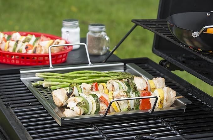 TableCraft BBQ2013, Stainless Steel Grilling Pan with Dual Surface and Handles, for Gas and Charcoal Grills, Keeps Food Secure, 18.75" x 12", Silver – Ideal for Outdoor BBQs