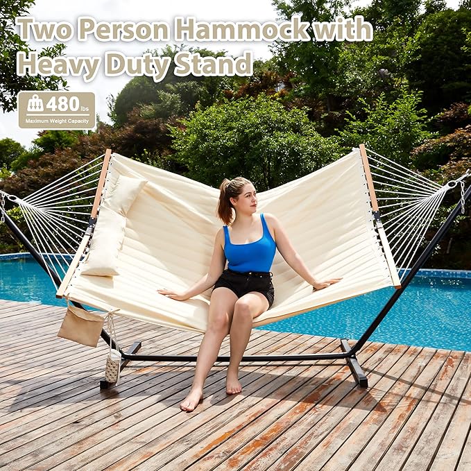 Two Person Hammock with Stand Heavy Duty, Outdoor Patio Hammock with Portable Steel Stand, Large Double Hammocks,480lbs Capacity.(Off White)