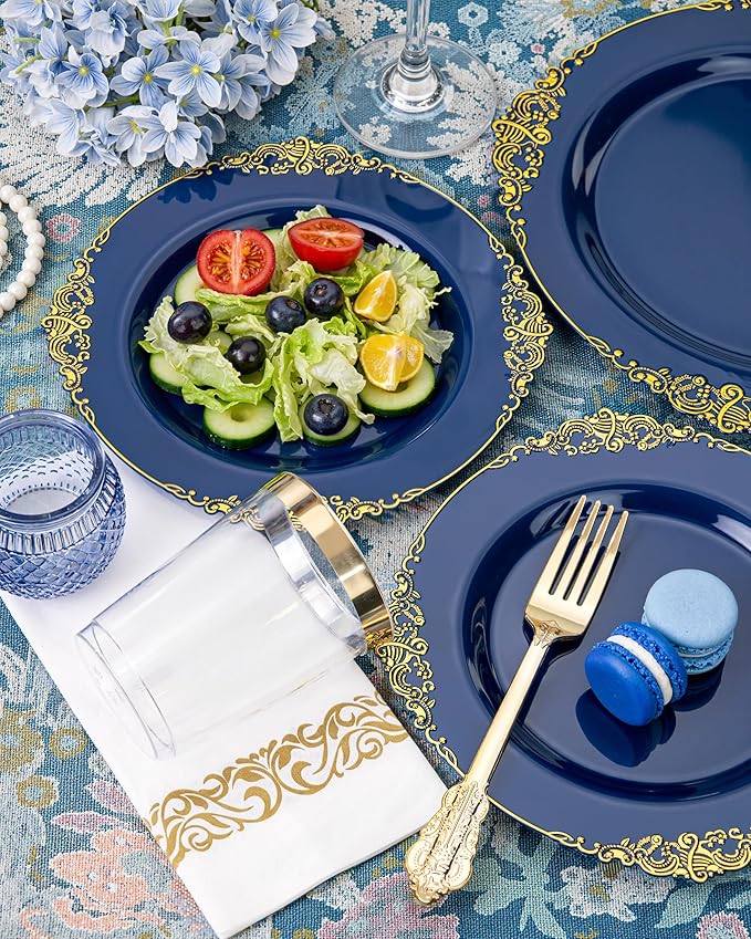 Nervure 175PCS Blue Plastic Plates - Blue Gold Plastic Dinnerware Set Disposable Include 50 Plates for Dinner and Dessert, 25Knives, 25Spoons, 25Forks, 25Cups, 25Napkins for Weddings & 4th of July