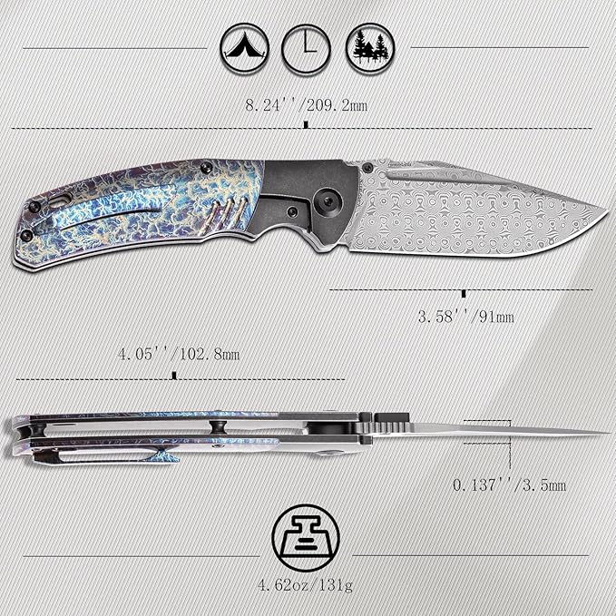 KANSEPT Hinterlan Pocket Folding Knives for Men EDC Camping Folding Knife 3.58'' Damascus Blade with Blackwash Titanium Lightning Strike Finished Titanium Inlay Handle Everyday Carry K1057A6