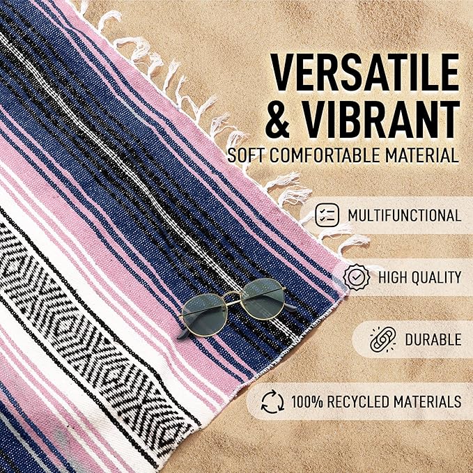 Authentic Large Handwoven Mexican Blanket - Soft Yoga- Durable Serape- Lightweight Falsa, Beach, Camping, Picnic, Outdoor Blanket 70"x50" - Rose Pastel