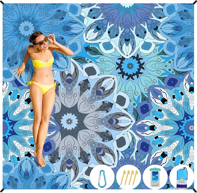 BYDOLL Beach Blanket Waterproof Sandproof 78''ร110'' Suits1-7 Adults Compact Lightweight Oversized Sand-Free Blanket Large Picnic Mat for Beach Travel Camping Hiking