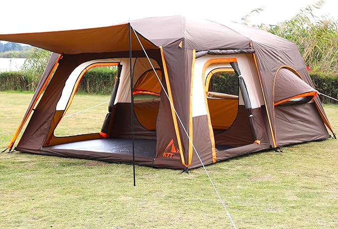 KTT Extra Large Tent 6-10-12-14 Person(A),Family Cabin Tents,2 Rooms,3 Doors and 3 Windows with Mesh,Straight Wall,Waterproof,Double Layer,Big Tent for Outdoor,Picnic,Camping,Family Gathering