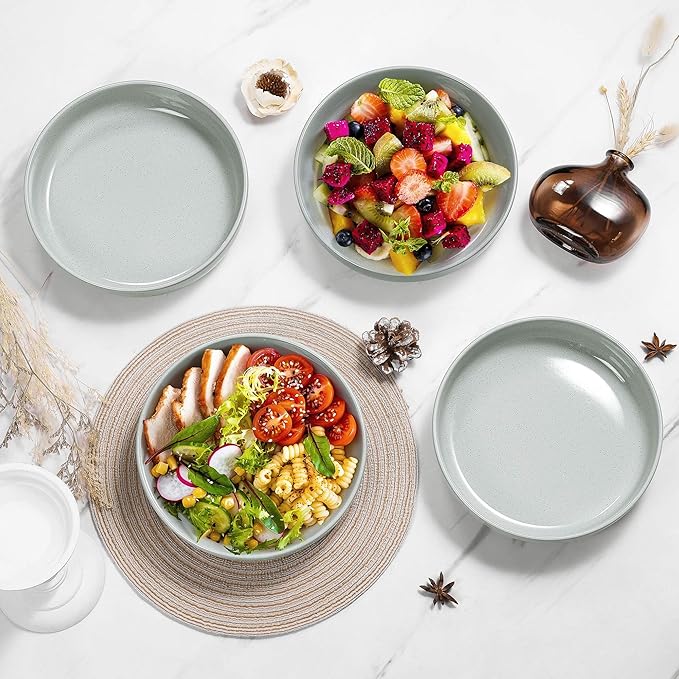 HaWare Pasta Bowls Set of 4, 33oz Large Salad Bowls for Home Kitchen, Ceramic Serving Plates for Soup, Cereal, Scratch-resistant Wide and Shallow Dinner Bowl, Microwave & Dishwasher Safe, Misty Grey