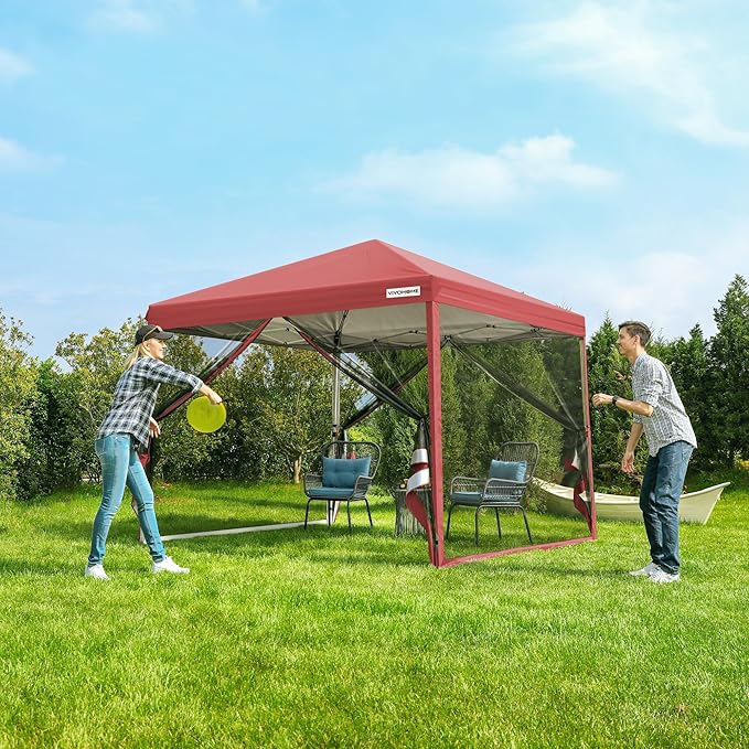 VIVOHOME 8x8ft Easy Pop-Up Canopy, Outdoor Screen Tent with Mosquito Netting, 2 Zipper Doors, and Roller Bag for Yard Camping Picnic Party Events, Red