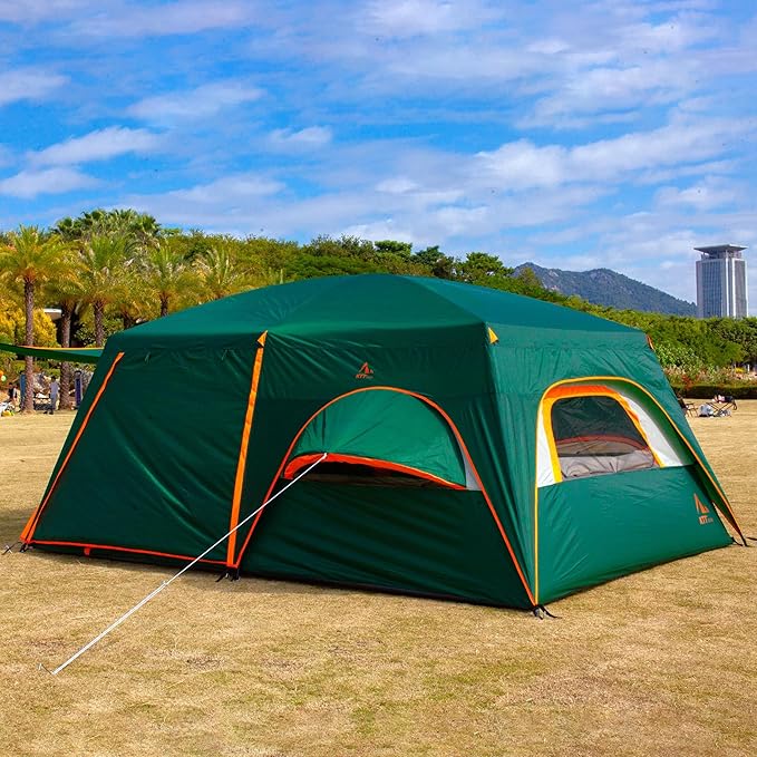 KTT Extra Large Tent 6-10-12-14 Person(A),Family Cabin Tents,2 Rooms,3 Doors and 3 Windows with Mesh,Straight Wall,Waterproof,Double Layer,Big Tent for Outdoor,Picnic,Camping,Family Gathering