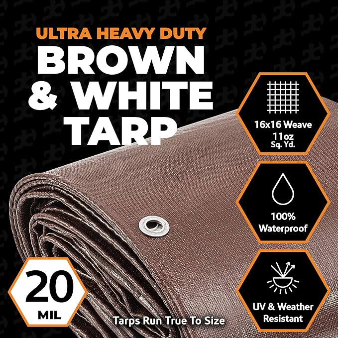 12' x 30' Brown/White Ultra Heavy Duty Tarp - 20 Mil Tarps Heavy Duty Waterproof 12x30 - Extra Large Outdoor Tarp, Waterproof Tarp Cover for Rain Camping, Tent Tarp, UV Protection, Reinforced Corners
