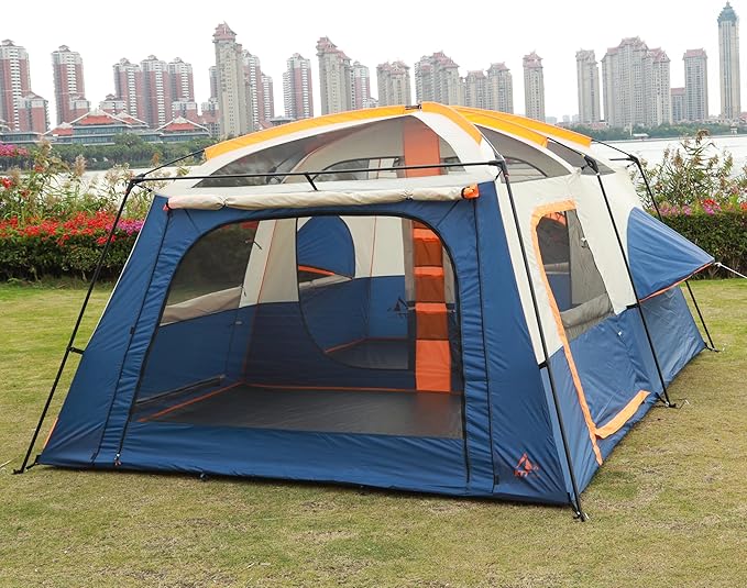 KTT Extra Large Tent 6-10-12-14 Person(A),Family Cabin Tents,2 Rooms,3 Doors and 3 Windows with Mesh,Straight Wall,Waterproof,Double Layer,Big Tent for Outdoor,Picnic,Camping,Family Gathering