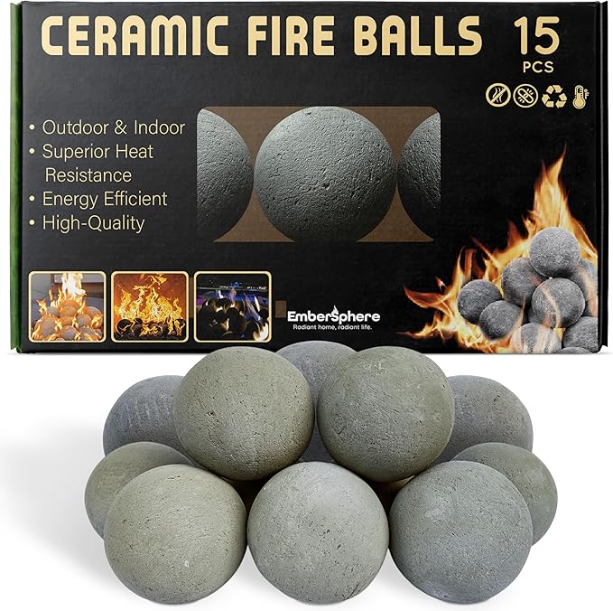 Ceramic Fire Balls Set of 15 – 3" Spheres for Gas Fireplaces and Fire Pits, Heat-Resistant Indoor Outdoor Fireplace Accessories