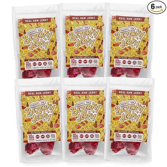 Bezerky Jerky Authentic American Ham, Keto-Friendly, Made with Premium Meat, Pineapple Jerky, All-Natural, Non-GMO & Gluten-Free, On the Go High Protein Snack, 3.3 Oz (Pack of 6)