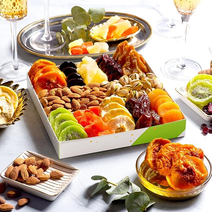 NUT CRAVINGS - Diwali Sweets Hamper Rosh Hashana & Shana Tova Dried Fruit & Mixed Nuts Gift Basket in White Gold Box (12 Assortments) Food Arrangement, Healthy Snack Care Package, Food Assortments