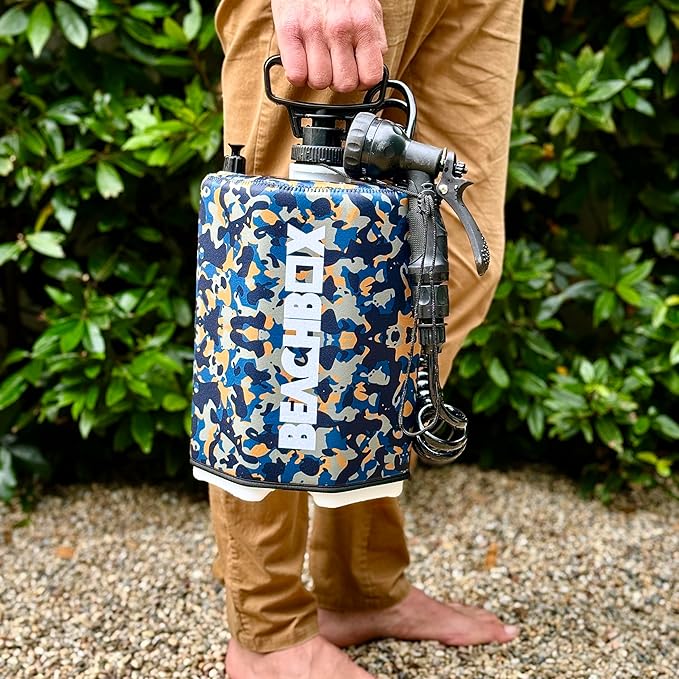 BeachBox Portable Shower Tank β Insulated Hot & Cold Water Tank for Camping, Beach, & Outdoor Adventures β 1.3 Gal Capacity β Multi-Spray Shower Gun β Easy Fill & Carry