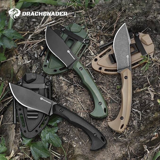 Survival Knife with Fire Starter L-Y, 7.68" Full Tang Small Fixed Blade Knife with Belt Clip, Khaki + Stonewashed Black