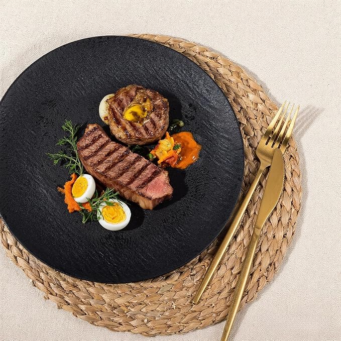 WONDERFUL 32pcs Black Plates Black Plastic Plates Halloween Plates Unbreakable and Reusable Plastic Plate Dishwasher safe Dishes Set Includes:16 Dinner 10" & 16 Dessert Plate 7.3" Suitable for Camping
