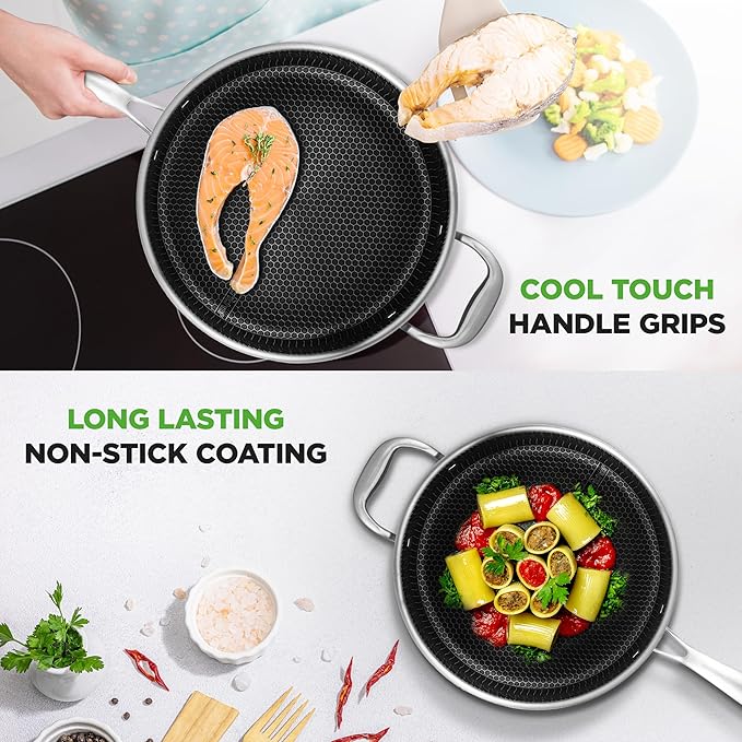 NutriChef 3.4QT Deep Frying Pan with Lid - Stainless Steel Non-Stick Saute Pan, Scratch-Resistant Honeycomb Texture, Oven & Induction Safe Skillet
