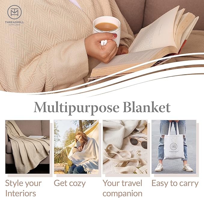 Threadmill Luxury Cotton Blankets for Twin Size Bed | All-Season 100% Cotton Twin Blanket for Bed | Herringbone Soft & Cozy Fall Thermal Blanket, 350GSM, 68x92 inches | Vanilla Cream