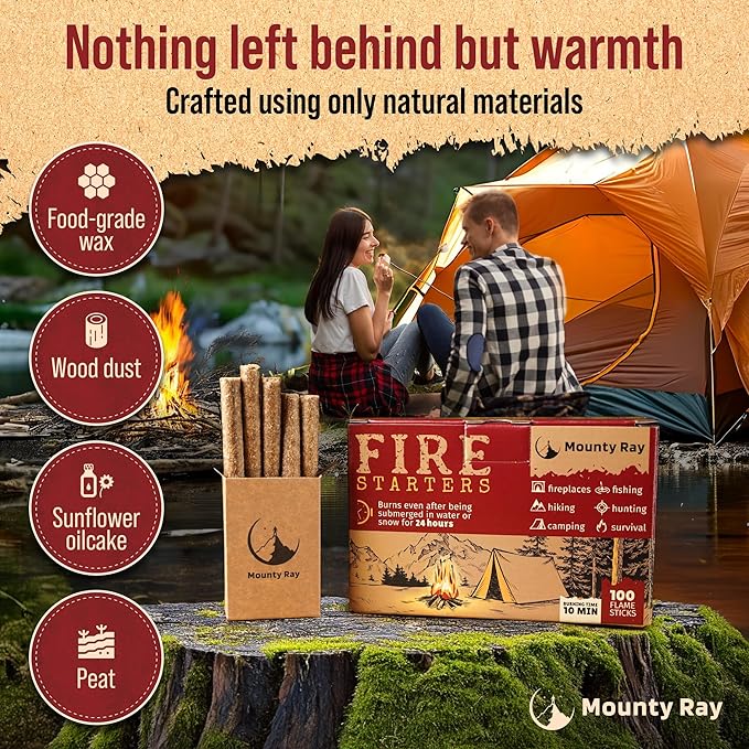100 pcs Fire Starters for Campfires - Natural Fire Starters Sticks - Water Resistant & Odorless - All-Weather Charcoal Starter - for Indoor and Outdoor Use