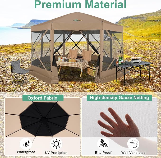 COBIZI 15x15ft Extra Large Pop Up Gazebo Canopy Tent with Mosquito Netting, Spacious Easy Set Up Screened Shelter, Durable Outdoor Pavilion with Ground Stakes, Perfect for Patio, Backyard,Khaki