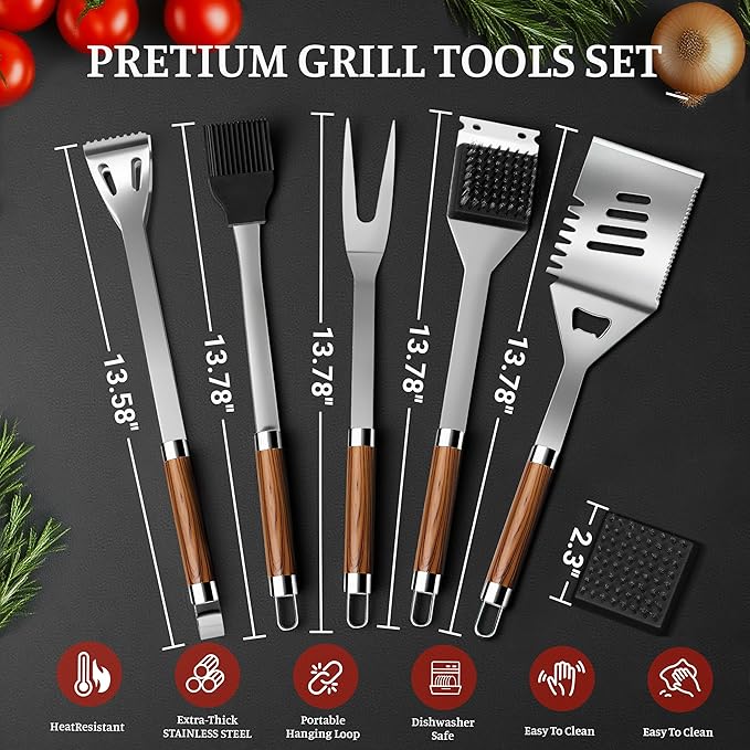 BBQ Grill Tools Set with Storage Bag and Wooden Grain Handles, Spatula, Fork, Cleaning Brush, Complete Barbecue Tool Sets for Outdoor Cooking Camping, Grilling Gifts for Men