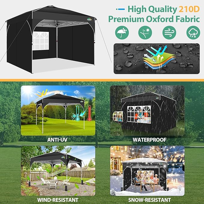 COBIZI Canopy Tent 10x10, Easy Up 10x10 Pop Up Canopy for Party Camping, Party Tents with One Push Central Button Air Vent, Outdoor Gazebo Tent with Sidewalls and Reflective Strip(Black)