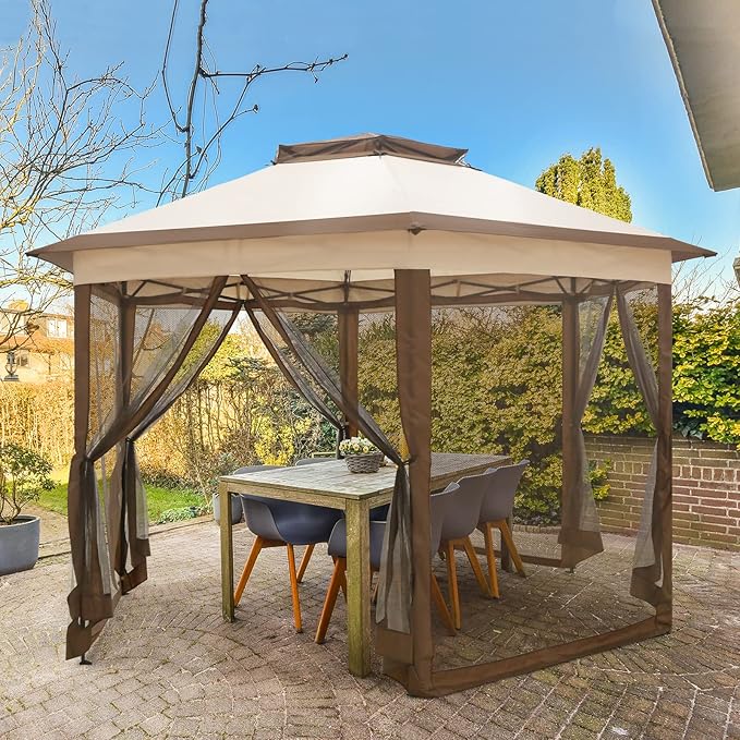 EAGLE PEAK 6-Sided Outdoor Camping Pop Up Gazebo w/Screen Netting, 13x13 Double-Tier Hexagonal Outdoor Canopy Tent for Patio, Garden, Party, Backyard, Beige