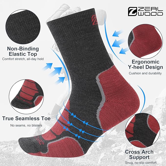 ZEAL WOOD Merino Wool Crew Hiking Socks for Women And Men with Full Cushion Moisture Wicking Walking Work Boot Socks