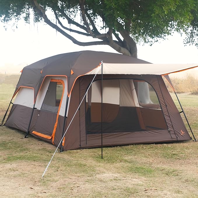 KTT Extra Large Tent 6-10-12-14 Person(A),Family Cabin Tents,2 Rooms,3 Doors and 3 Windows with Mesh,Straight Wall,Waterproof,Double Layer,Big Tent for Outdoor,Picnic,Camping,Family Gathering