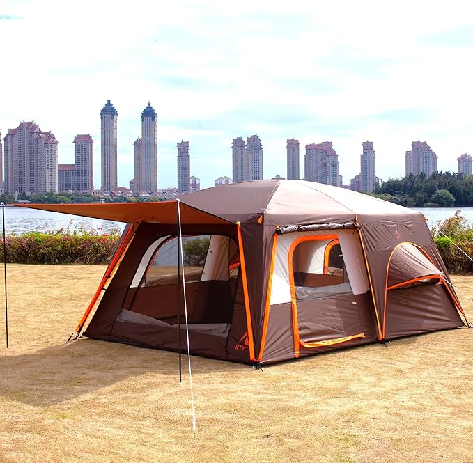 KTT Extra Large Tent 6-10-12-14 Person(A),Family Cabin Tents,2 Rooms,3 Doors and 3 Windows with Mesh,Straight Wall,Waterproof,Double Layer,Big Tent for Outdoor,Picnic,Camping,Family Gathering