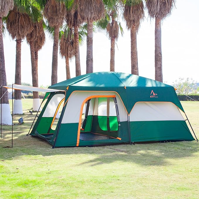 KTT Extra Large Tent 6-10-12-14 Person(A),Family Cabin Tents,2 Rooms,3 Doors and 3 Windows with Mesh,Straight Wall,Waterproof,Double Layer,Big Tent for Outdoor,Picnic,Camping,Family Gathering