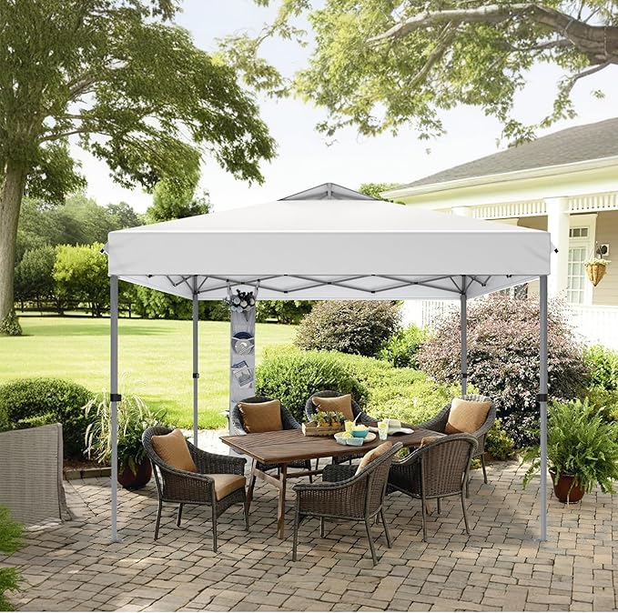 MFSTUDIO 10x10 Pop Up Canopy Tent, Outdoor Tent One Push Setup Instant Portable Shelter Canopies with Vented Top, Straight Legs, Wheeled Bag, 4 Sandbags, White