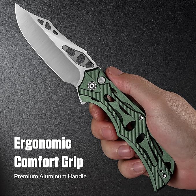 CIVIVI Biophase Pocket Folding Knife for Men, 3.48" Nitro-V Blade Aluminum Handle, Lightweight Skeletonized Flipper Knife for Tactical Survival C23083-1 (Green)