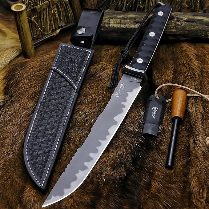 BA-KOR Japan tanto DC53 Full Tang 17.2in Survival Knife with Fire Starter, 5mm Thick Blade, Jungle Fixed Blade Leather Sheath for Hunting, Camping, Bushcraft