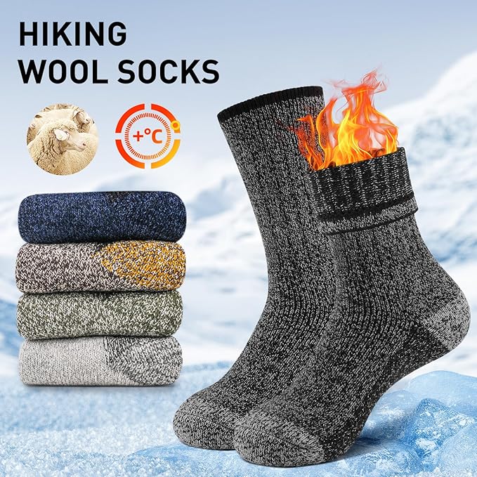 UUMIAER Merino Wool Socks for Men Hiking Thermal Warm Winter Crew Socks Thick Cushion Moisture Wicking Socks 5 Pairs