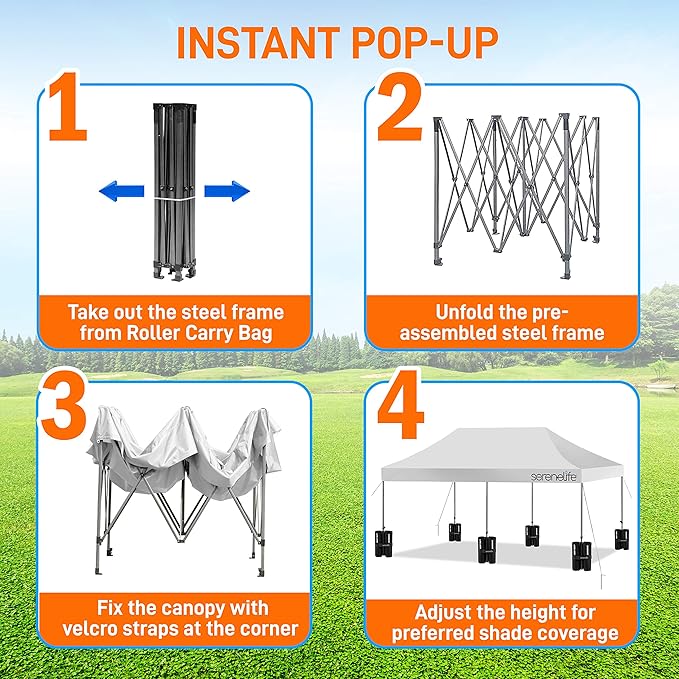 SereneLife Pop Up Canopy Tent 10x20 - Commercial Instant Shelter Foldable/Collapsible Sun Shade Pop Up Tent w/Waterproof Tent Top, Portable Carry Bag & Sand Bag - SereneLife SLGZ20W (White)
