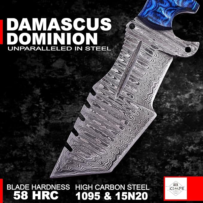 KIMPE 10.5’’ Damascus Hunting Knife with Leather Sheath-Fixed Blade EDC Knife-Bushcraft Knives-Wood Handle-Best Camping & Survival Knives-Knives for Men. (Pakka-Blue)
