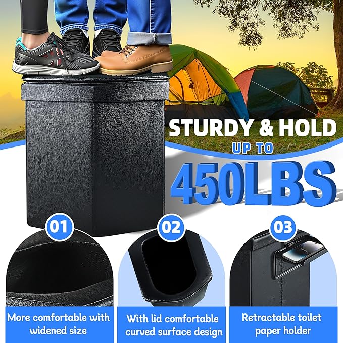 Portable Toilet for Adults, Upgraded 16.5'' Tall Camping Toilet with Lid, Portable Travel Folding Toilet with Carry Bag and Paper Holder, Extra Large Compact Potty for Car, Truck, RV, Tent