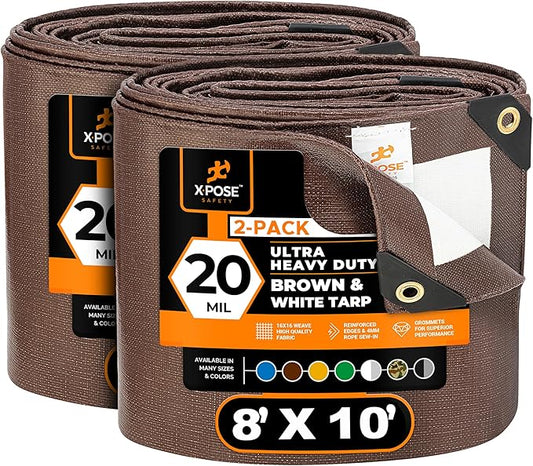 Xpose Safety 8' x 10' Ultra Heavy Duty Tarp (2-Pack) - 20 Mil Waterproof Tarps for Camping, Outdoor Adventures & Tent Cover, UV Protection, Reinforced Corners, All-Weather Durability