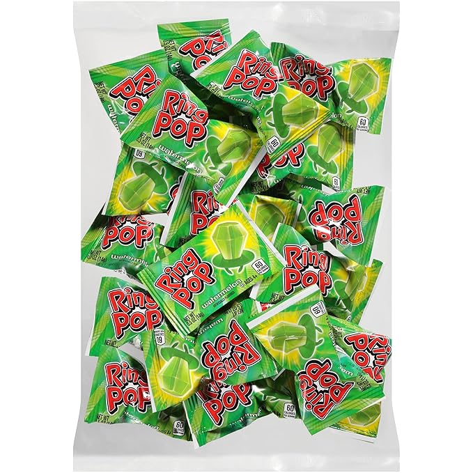Ring Pop Green Halloween Candy Lollipops, 30Ct Bulk Candy Individually Wrapped in Green Watermelon Flavor, Full Size, Fun Hard Candy For Trick or Treat, Halloween Bowls, Gifts, Party Favors for Kids