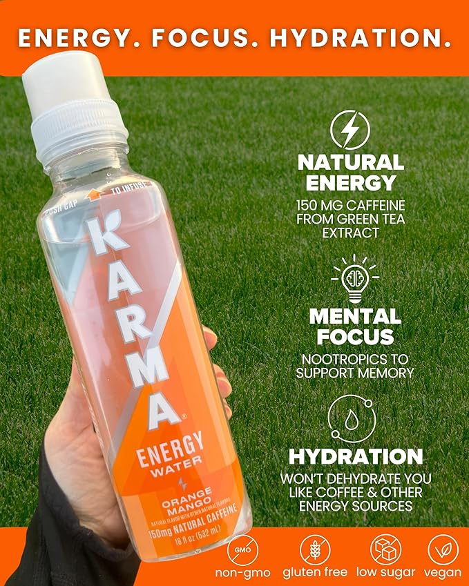 Karma Energy Drink – 12 Pack, Orange Mango Caffeinated Water with Cognizin® Nootropics, Vitamins & Immune Support, Low Calorie