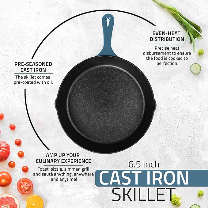 Utopia Kitchen Cast Iron Frying Pan 6.5 Inch, Cast Iron Chefs Pan, Pre Seasoned Skillet, Safe Grill Cookware for Indoor & Outdoor Use, Teal