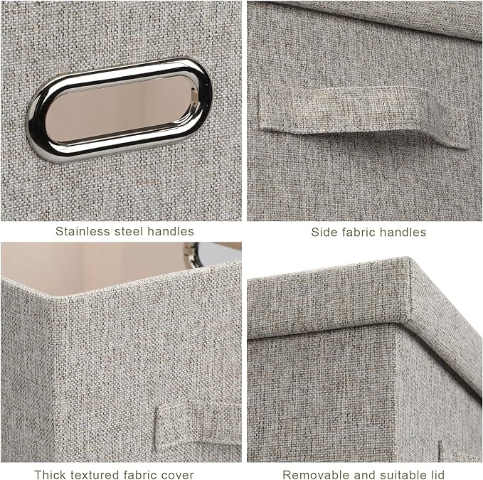 Large 17 36 Quart Collapsible Stackable Storage Bins with Lids, 1 Pack Beige Foldable Fabric Closet Storage Boxes with Lids, 4 Handles Toy Heavyduty Dark Gray Linen Storage Cube Box