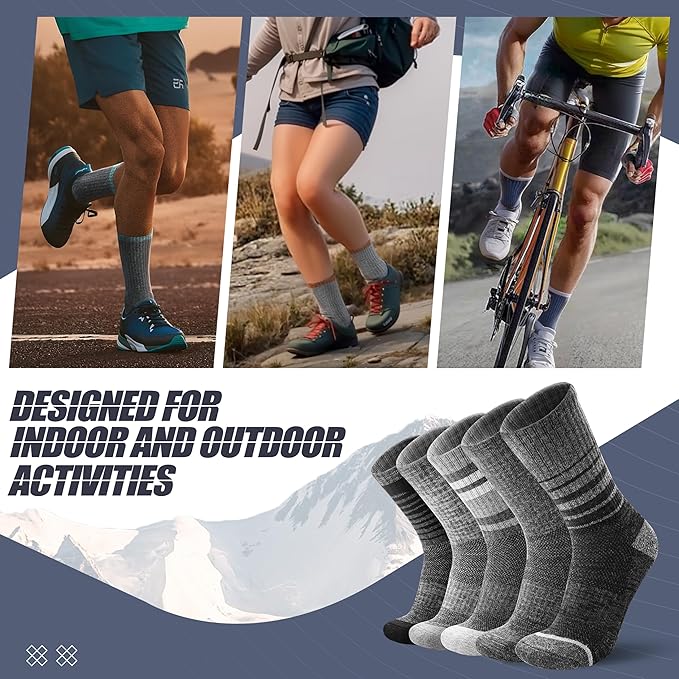ANTSANG Merino Wool Hiking Socks for Men & Women 5 Pairs Thermal Warm Winter Thick Cushion Moisture Wicking Crew Boot Socks