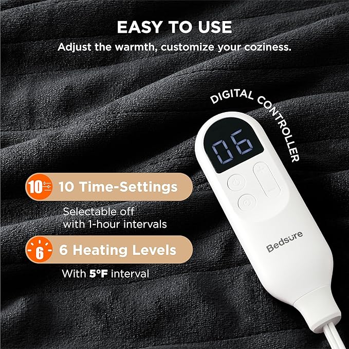 Bedsure Electric Blanket Full Size - Soft Flannel Heated Blanket, Fast Heating with 10 Time Settings & 6 Heat Settings, Warm Gift for Grandma (72x84 inches, Black)