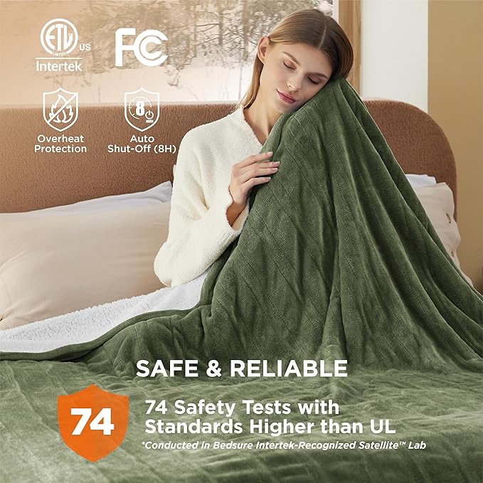 Bedsure Electric Blanket King Size - Dual Control Heated Blanket King Size, Fast Heating with 10 Time Settings & 10 Heat Settings, Warm Gift for Grandma (100x90 inches, Olive Green)