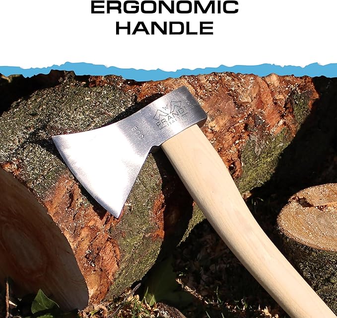 Prandi Axes German C45 Forged Carbon Steel Hatchet - Hickory Handle with Leather String - Ideal for Camping, Travel and Bushcraft - S/N 3.003.10.CH - 16" L x 6.85" W, 1000g Polished Head, No Sheath