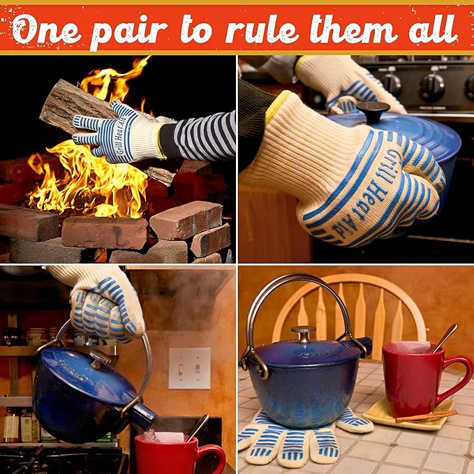 GRILL HEAT AID BBQ Grill Gloves Heat Proof for Grilling โ Fireproof 1472ยฐF Heat-Resistant Grill Mitts for Outdoor Barbecue and Smoker, Campfire, Fire Pit, Oven Glove with Fingers for Baking Pizza