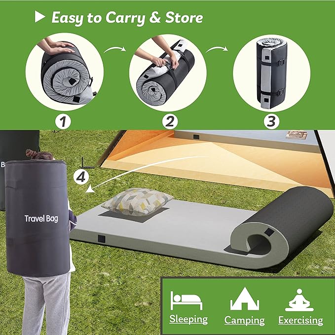 Memory Foam Camping Mattress 2.5 inch, Single Portable Roll Up Camping Sleep Topper with Waterproof and Non-Slip Bottom, Camping Car Mat with Travel Bag, 75"×30"×2.5", Grey