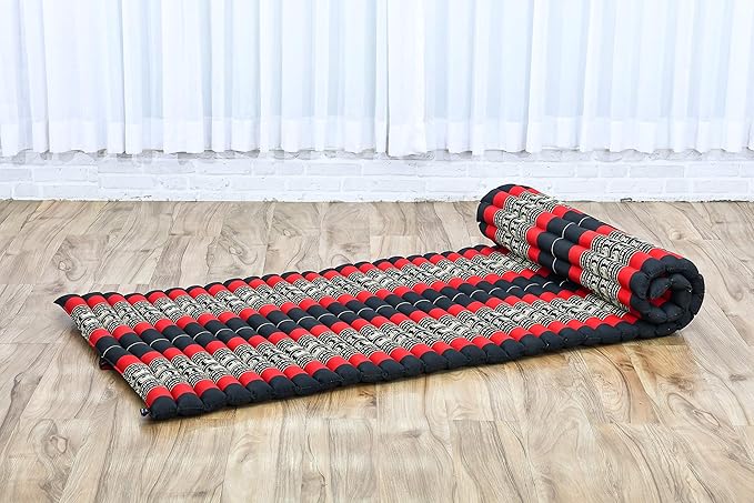 Leewadee - Foldable Floor Mattress - Japanese Roll Up Futon -Trifold Tatami Mat- Guest Floor Bed - Camping Mattress - Thai Massage Mat, Kapok Filled, 75 x 28 inches, Black Red