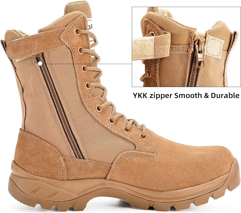 Men's Military Tactical Work Boots with Side Zipper, Puncture Resistant, Desert Combat, Army Jungle, 8 Inch Lightweight Hiking Boots
