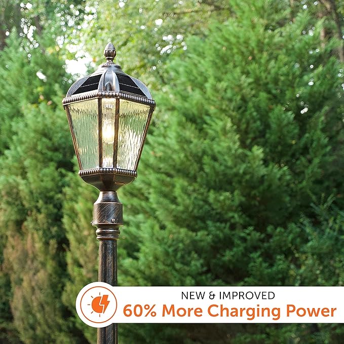 Gama Sonic Outdoor Solar Post Light, Brushed Bronze Finish Aluminum, Royal Bulb, Clear Rain Glass, 3-inch Fitter for Lamp Posts 98B112 (Upgraded Panel and Battery)